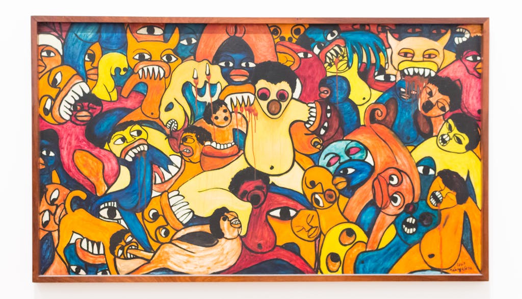 Colorful surreal artwork featuring expressive monster figures in a vivid abstract composition.